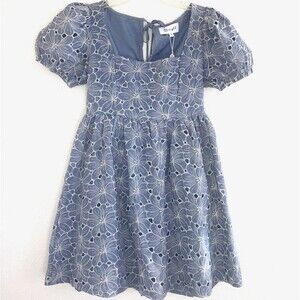 BRIGHT THE LABEL S  100% Cotton Embroidered Eyelet Blue Fit & Flare Dress Puff